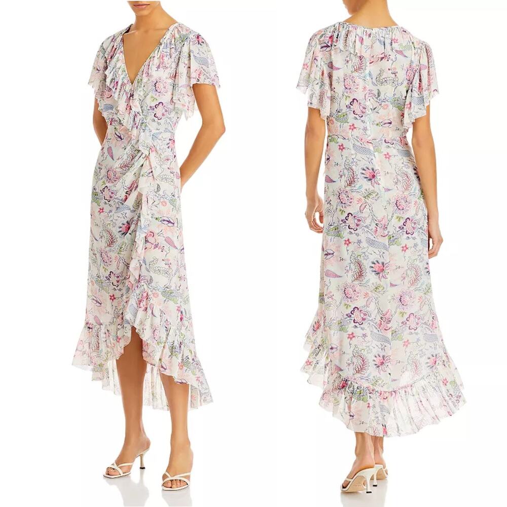 Cinq a Sept Sheilla Floral Ruffle V-Neck Short Sleeve Cocktail Midi-Dress Size 4